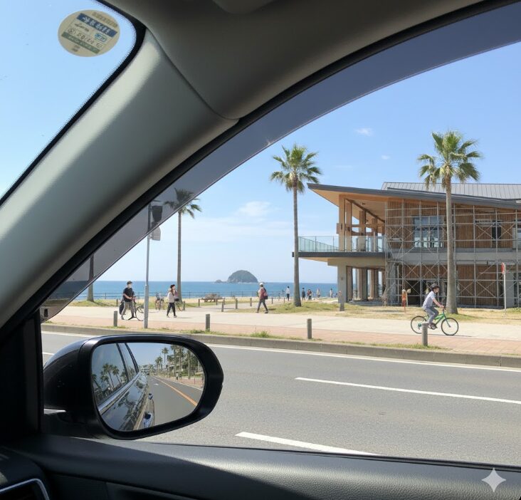 湘南の海岸線を走る車の助手席から見た、建設中の新しい道の駅の建物と青い海
