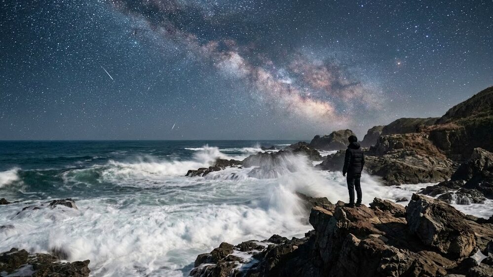 満天の星空が広がる城ヶ島（じょうがしま）の夜の磯場の絶景と、荒々しい波の様子。夜の城ヶ島が持つ美しさと危険性を象徴する風景。