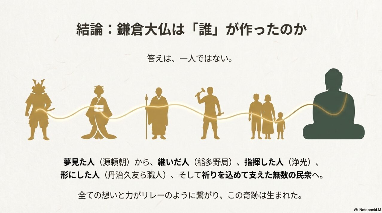 源頼朝から職人、民衆まで鎌倉大仏の建立に関わった人々のリレーを示すイラスト