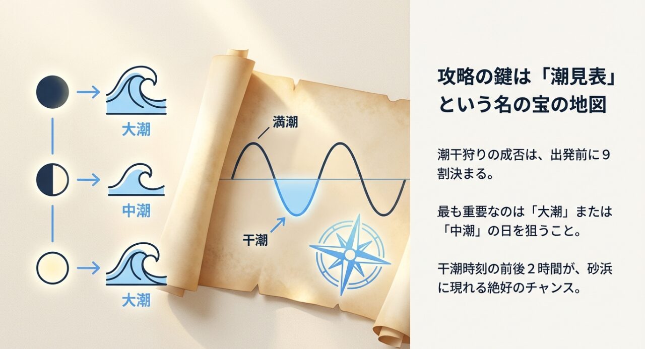潮干狩りの成否は出発前に9割決まることを説明し、大潮・中潮の日を狙う重要性と干潮前後2時間がチャンスであることを示す図解。