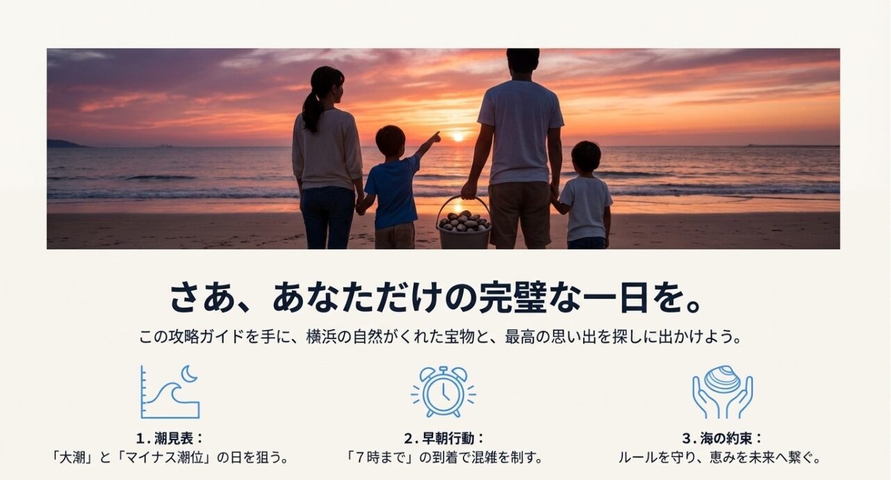 潮見表、早朝行動、海の約束の3つのポイントをまとめた、最高の思い出作りへのエール。
