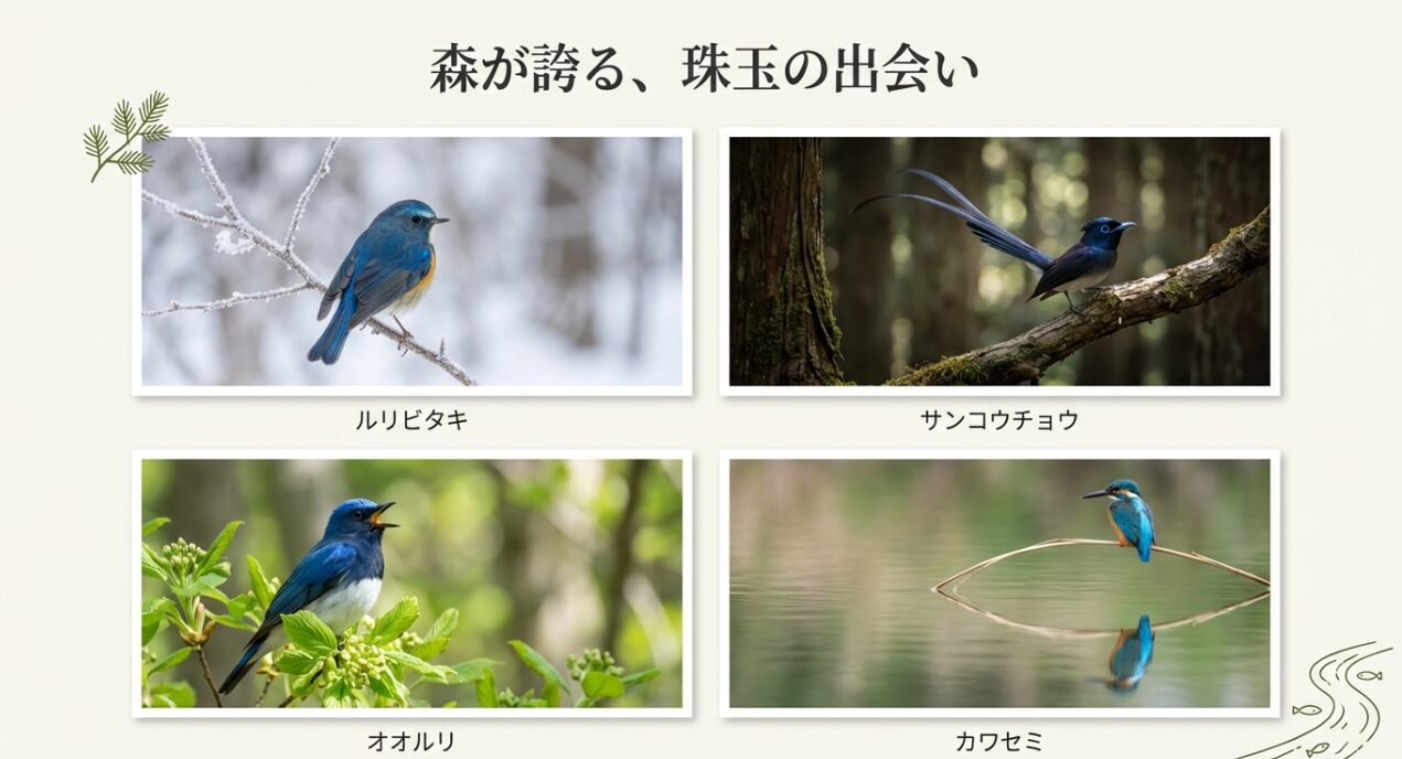 瀬上市民の森で見られるルリビタキ、サンコウチョウ、オオルリ、カワセミの写真と名前を紹介するスライド