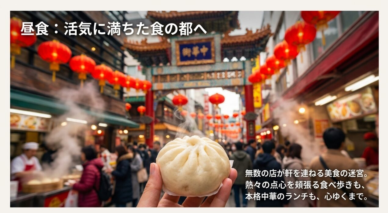 無数の店が並ぶ中華街で、熱々の点心の食べ歩きや本格的な中華ランチを楽しめることを紹介するスライド。