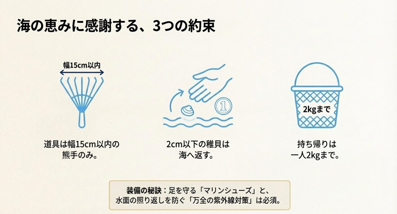 熊手の幅15cm以内、稚貝の返却、持ち帰り2kg制限の3つのルールと、マリンシューズ等の装備の重要性を示すイラスト。