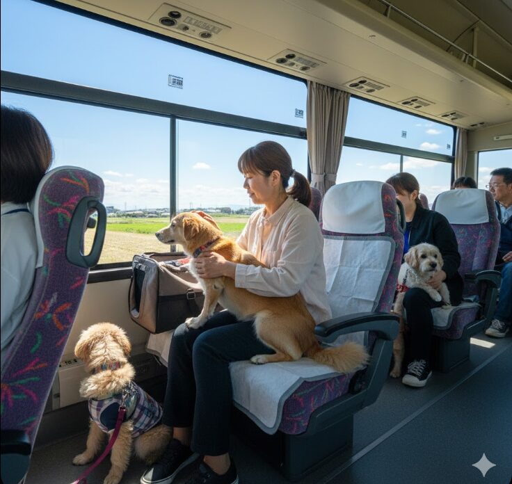 犬専用バスの車内。参加者1名に対し2席が確約され、隣の席で愛犬がキャリーバッグから出てゆったり過ごしている様子。
