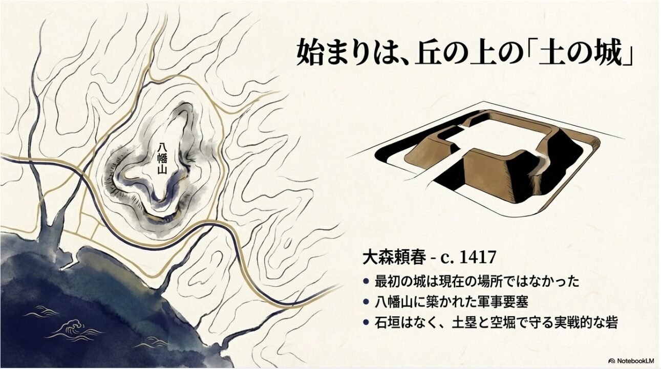 現在の天守閣がある場所とは異なる八幡山に築かれた、土塁と空堀で守られた初期の小田原城（土の城）の復元イラスト。