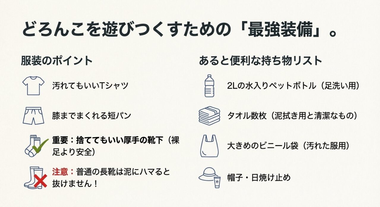田植えに適したTシャツや短パン、厚手の靴下の推奨。足洗い用の水やビニール袋など、あると便利な持ち物リスト 。
