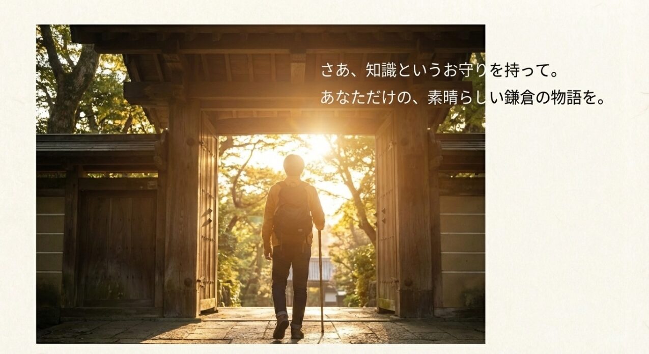 知識というお守りを持って、自分だけの素晴らしい鎌倉の物語を始めようと呼びかけるエンディングスライド
