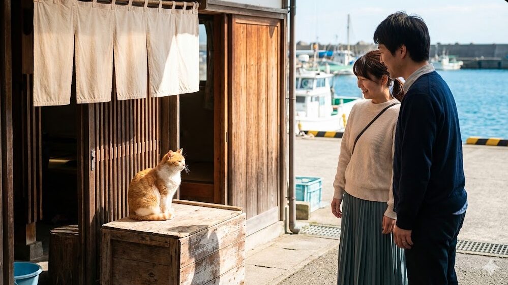 磯料理店の入口付近で、来店客を出迎えるようにくつろいでいる看板猫の様子。