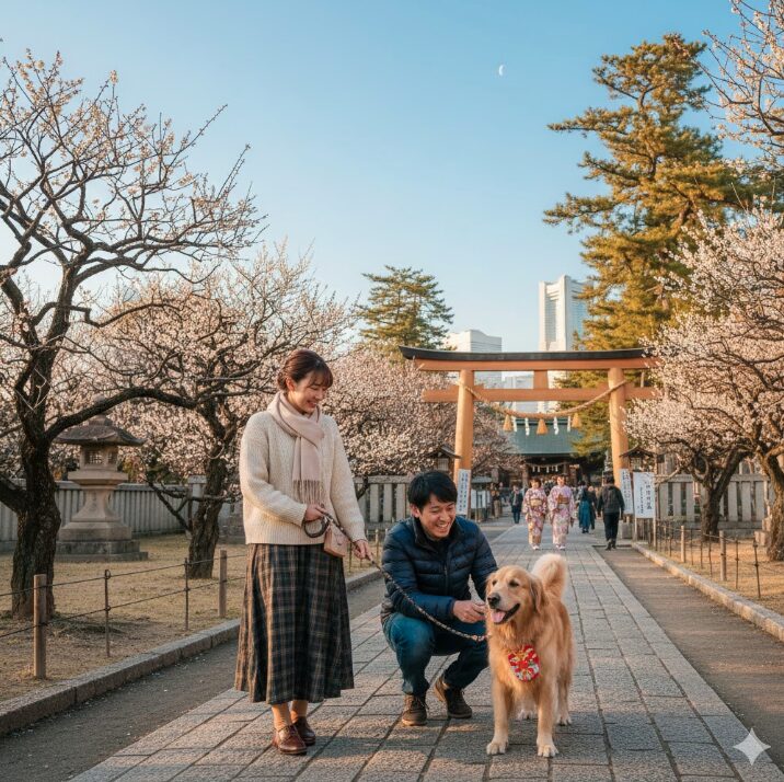 神社に隣接する公園で愛犬と一緒に散歩をしながら初詣の雰囲気を楽しむ飼い主の様子