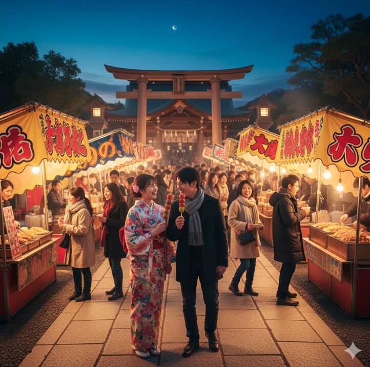 神社の参道に並ぶ屋台と、フルーツ飴や温かいグルメを楽しむ着物姿や冬服の参拝客