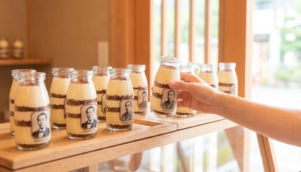 箱根てゑらみすの店舗で、明治の偉人が描かれたレトロなボトル入りティラミスが並んでいる様子。