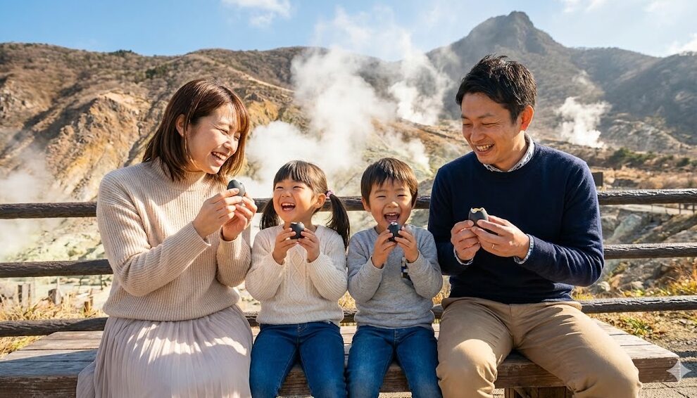 箱根の大涌谷で、噴煙を背景に名物の黒たまごを美味しそうに頬張る日本人家族4人の様子。