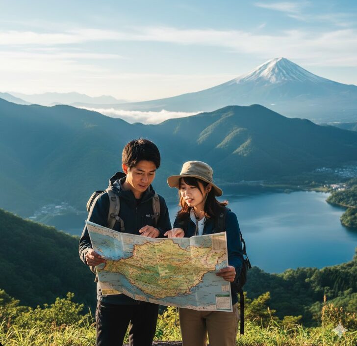 箱根の山々を背景に地図を広げて現在地や県境を確認する日本人観光客の様子