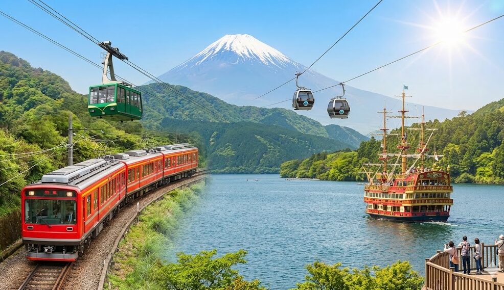 箱根ゴールデンコースの乗り物（登山電車、ケーブルカー、ロープウェイ、海賊船）のルートを示した模式図。モデルコースの周遊効果を説明。