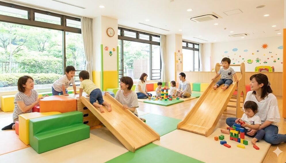 箱根ホテル小涌園の清潔で広々とした館内キッズスペースで、安全に遊ぶ幼児とその親たちの様子。