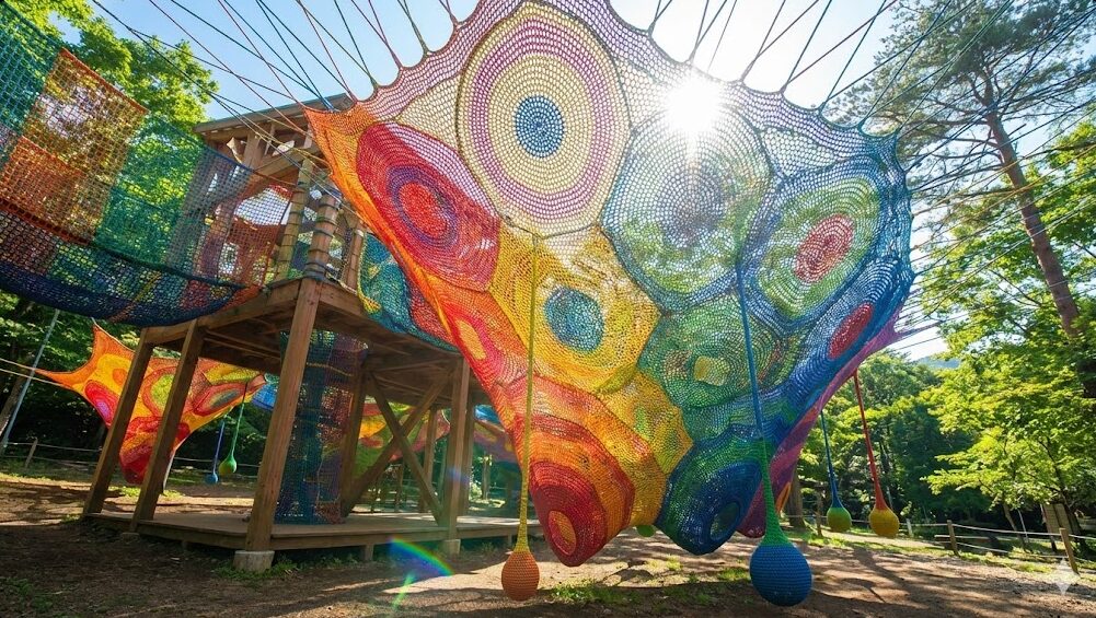 箱根彫刻の森美術館の「ネットの森」で、カラフルな巨大ネット遊具の中を元気に遊び回る子供たちの様子