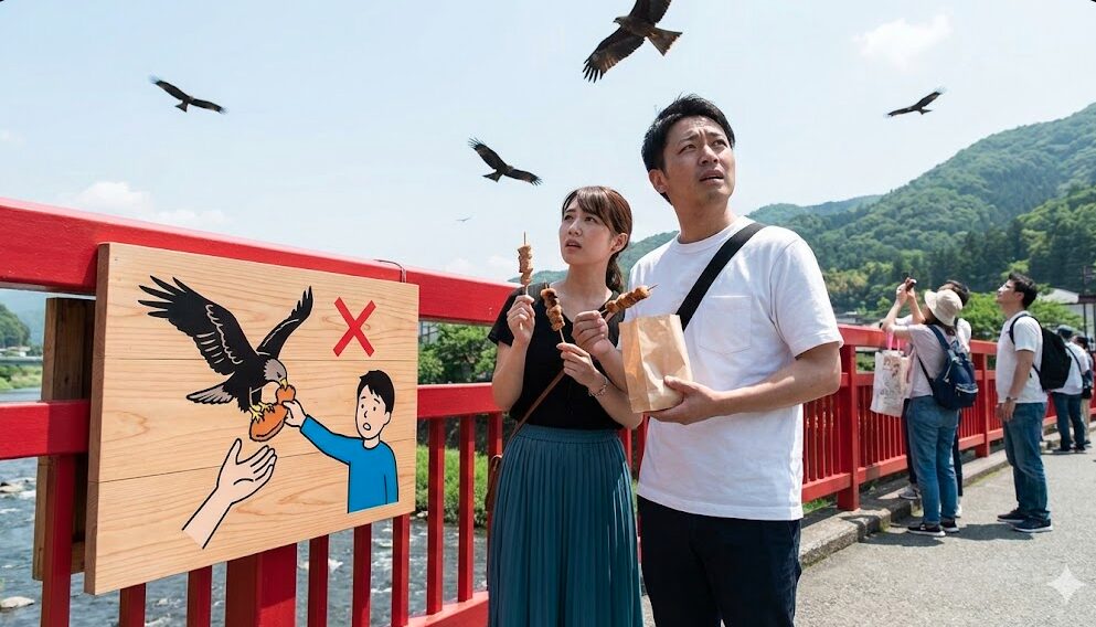 箱根湯本のあじさい橋で、上空を飛ぶトンビを警戒しながら食べ物を食べている観光客の様子と注意喚起の看板。