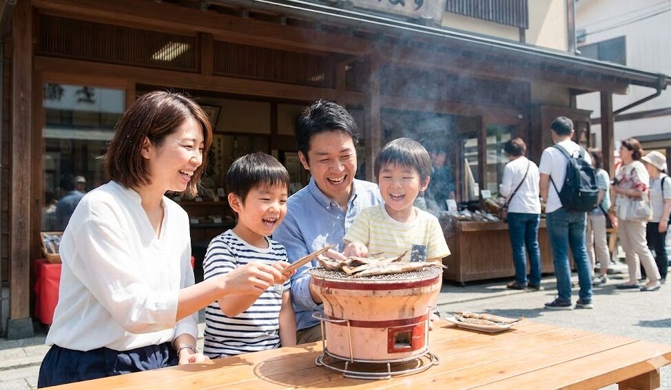 箱根湯本の山安店頭で、観光客の家族連れが七輪で干物を焼いて試食を楽しんでいる様子。