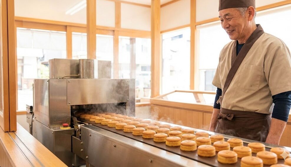 箱根湯本の菊川商店で、カステラ焼の箱根まんじゅうが機械で次々と焼き上げられている様子。