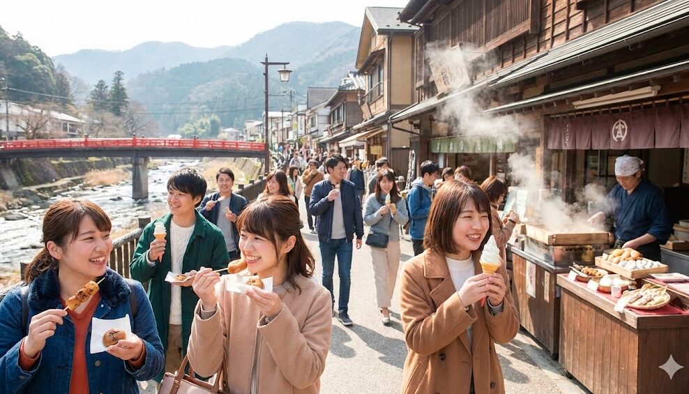 箱根湯本駅前の商店街で、多くの観光客が食べ歩きを楽しんでいる賑やかな様子。