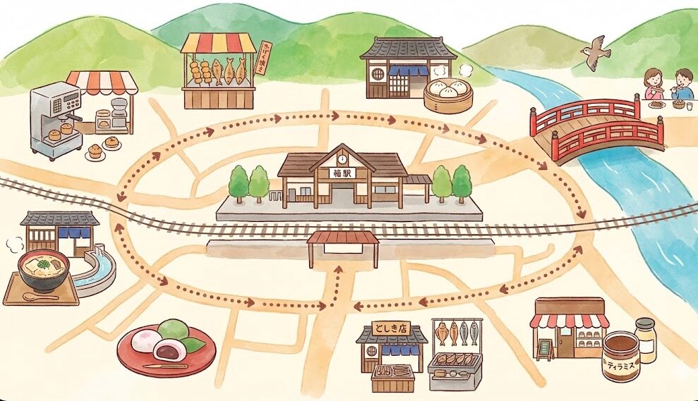 箱根湯本駅周辺の主要な食べ歩きスポットと、それらを巡るモデルコースを示したイラストマップ。