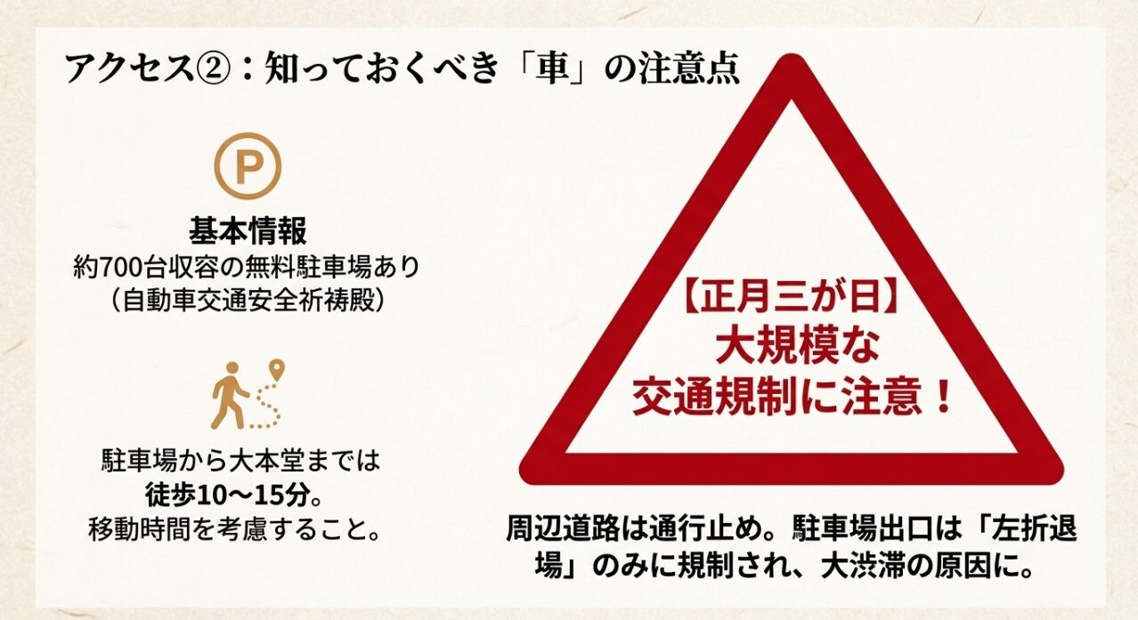 約700台の無料駐車場の案内と、正月三が日の交通規制、左折退場ルール、徒歩移動の注意点を解説。