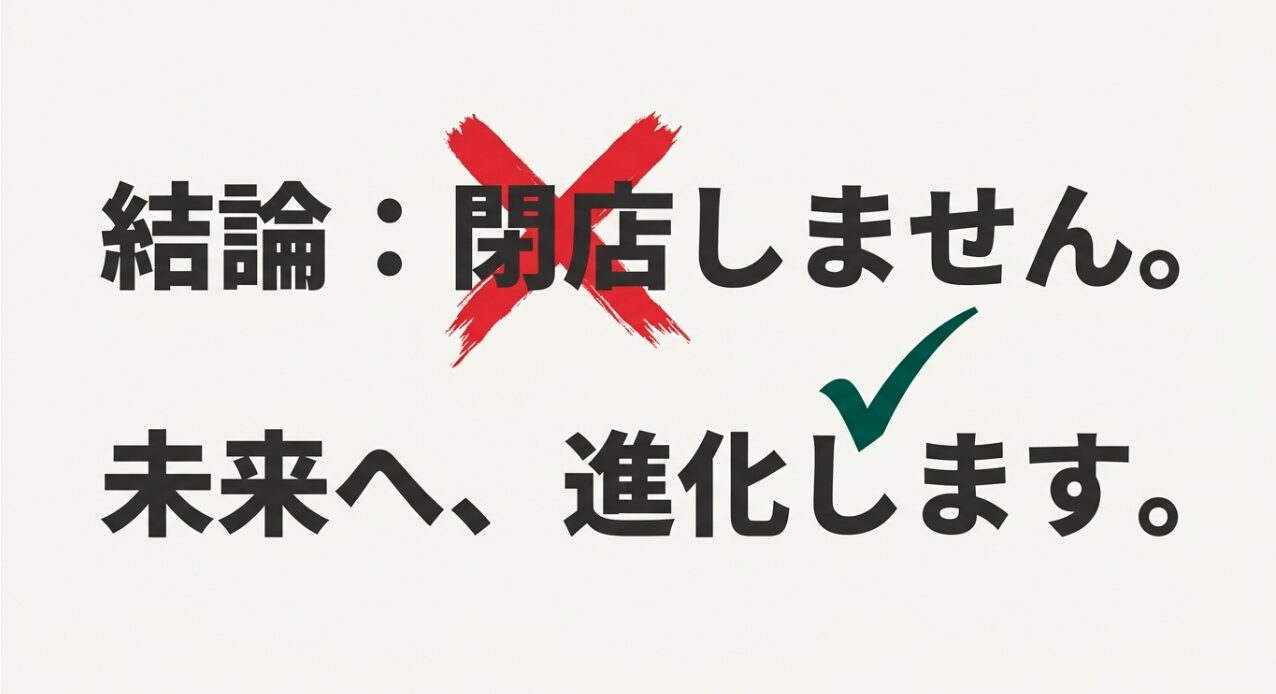 しません。未来へ、進化します。」と書かれた、イトーヨーカドー大船店の営業継続を伝えるスライド画像。 (2)