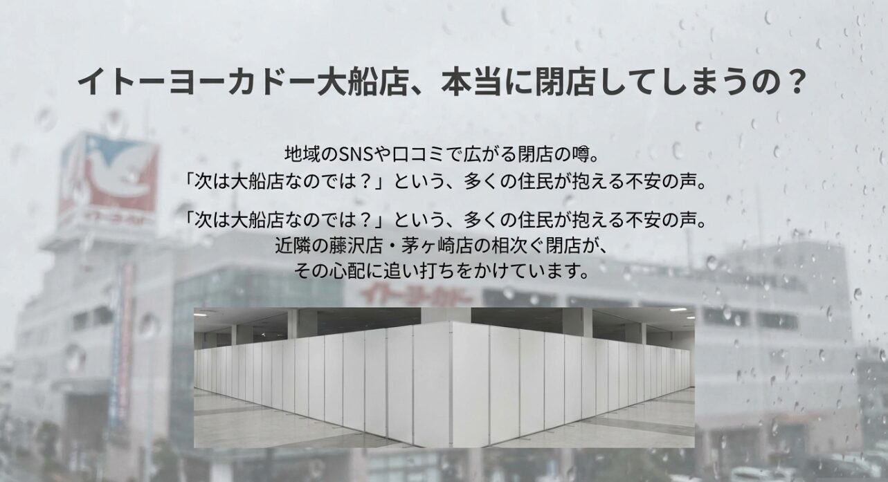 結論：閉店しません。未来へ、進化します。」と書かれた、イトーヨーカドー大船店の営業継続を伝えるスライド画像。