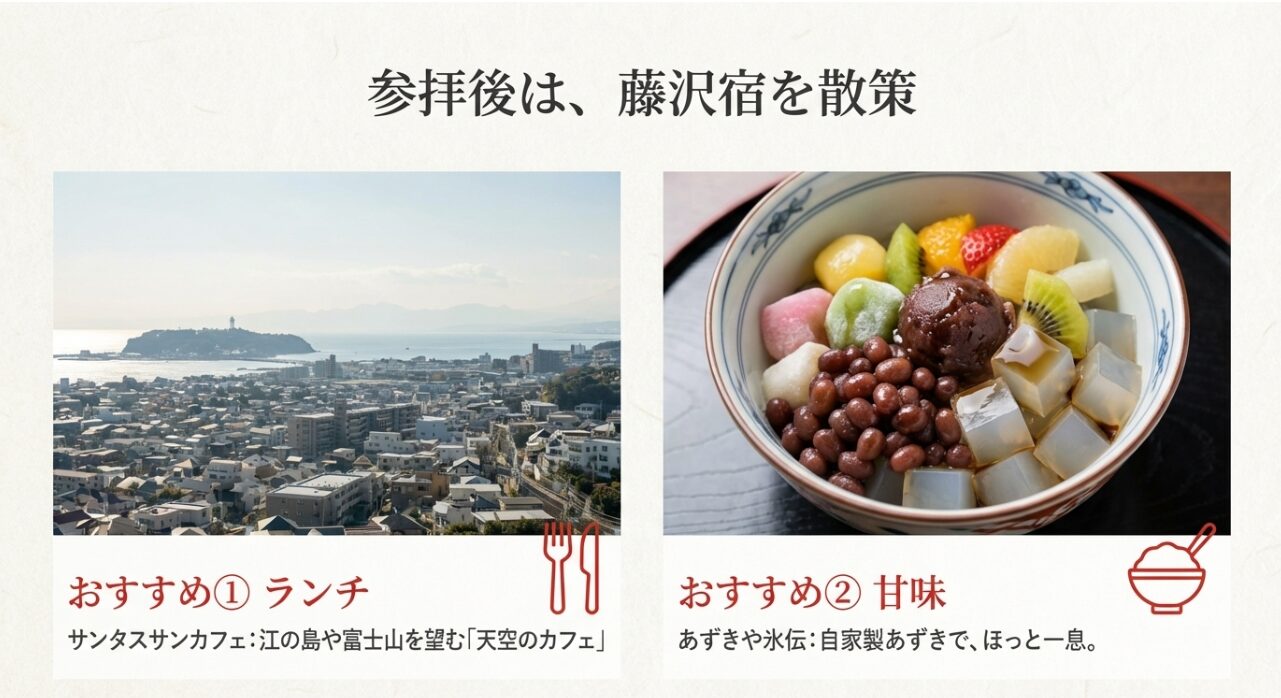 絶景の3+3 CAFEと、自家製あずきが人気のあずきや氷伝を紹介するスライド