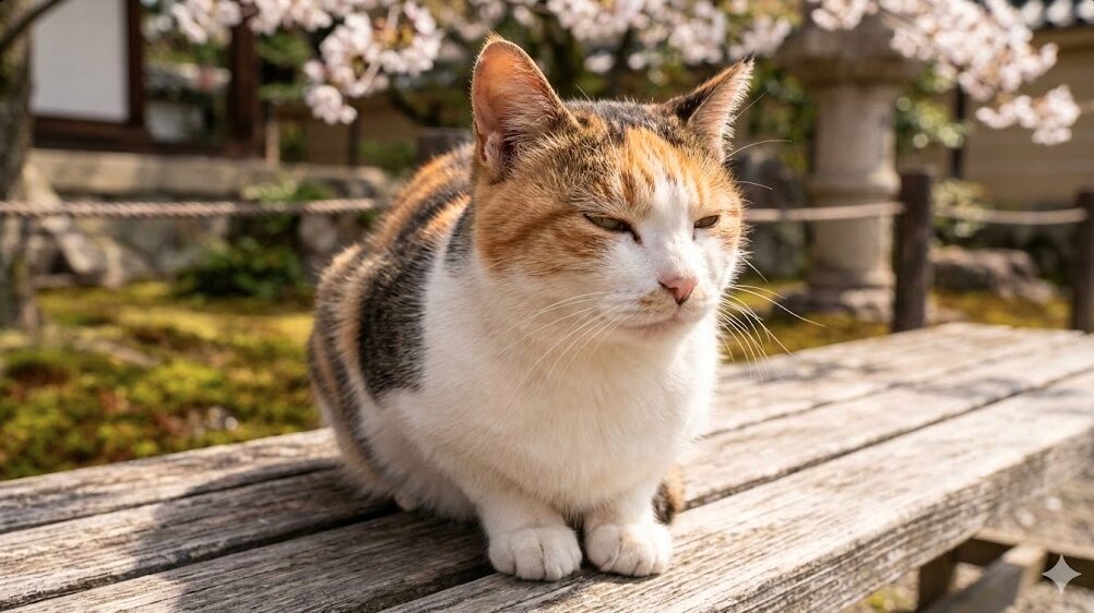 耳にV字カットの印がある地域猫（さくら猫）が、穏やかな表情で座っているクローズアップ。