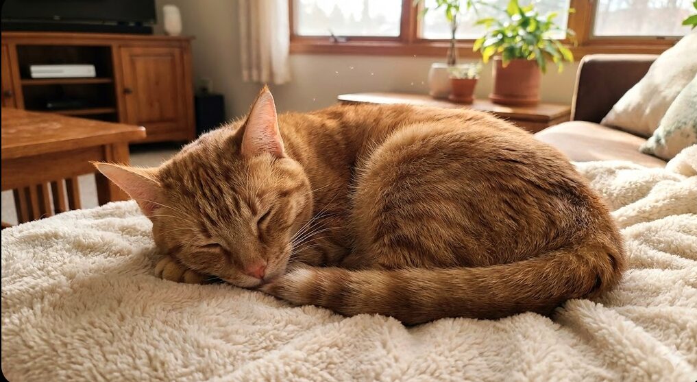 耳先カット（TNR済み）のある猫が、温かい室内で安全にリラックスして眠っている様子。