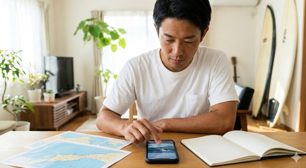 自宅でスマートフォンを使い、茅ヶ崎のYouTubeライブカメラ映像を真剣に分析する日本人男性。波のサイズや周期を確認する様子。