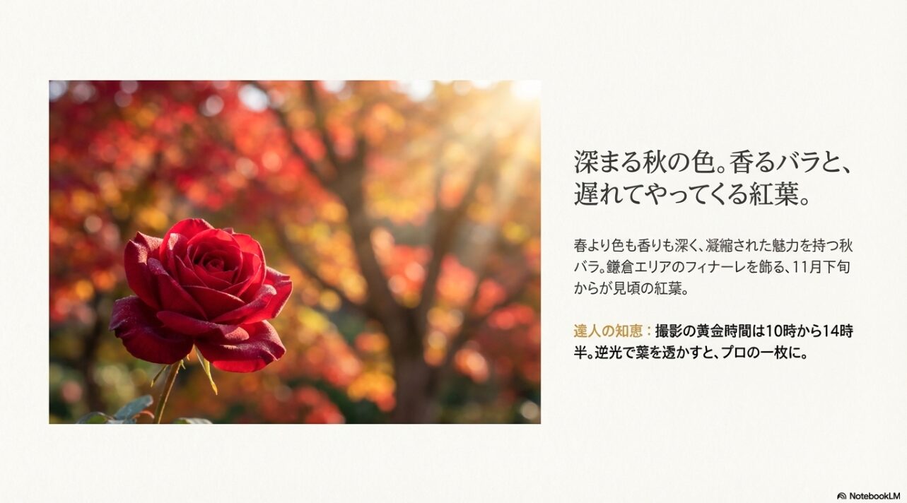 色と香りが深い秋バラと、11月下旬から見頃を迎える紅葉の風景画像