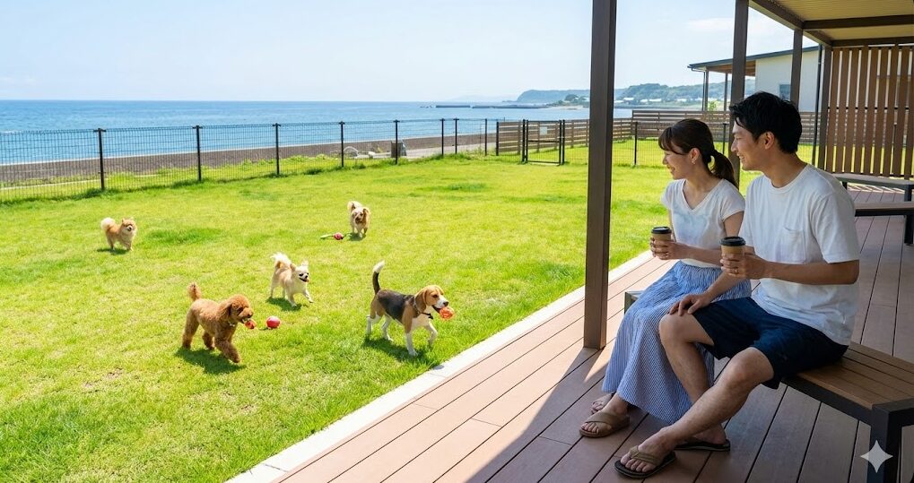 芝生のドッグパークで遊ぶ小型犬たちと、テラス席からそれを見守る飼い主の夫婦