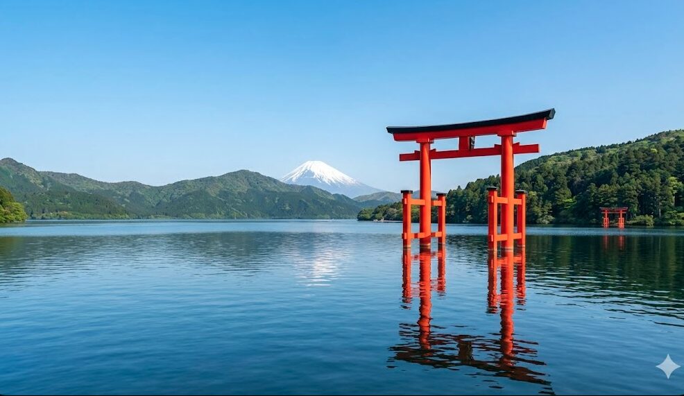 芦ノ湖の湖上に静かに佇む箱根神社の平和の鳥居と遠景に見える富士山