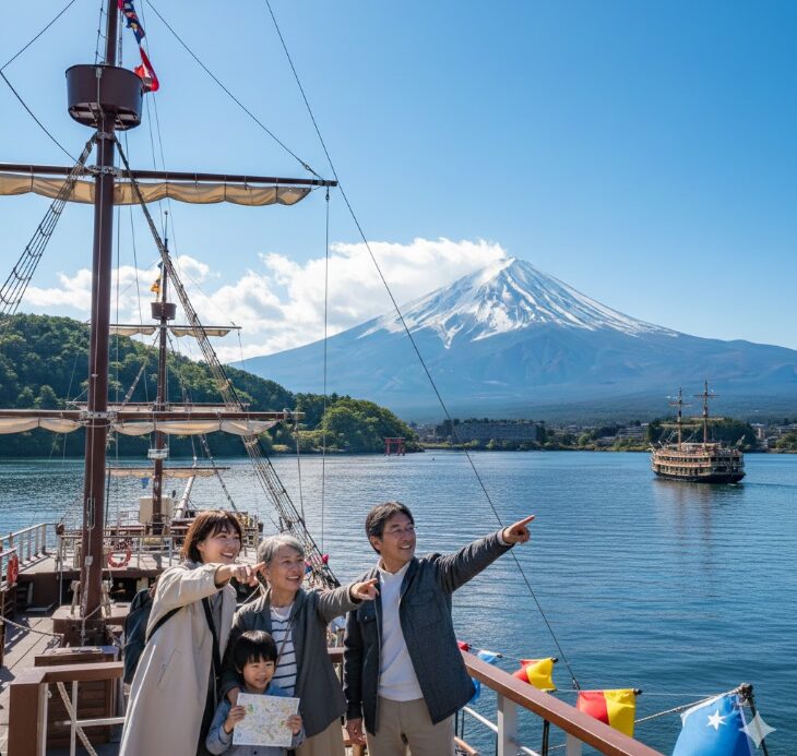 芦ノ湖の箱根海賊船から望む富士山と観光客の風景。箱根フリーパスの利便性と旅の期待感を高めるイメージ。