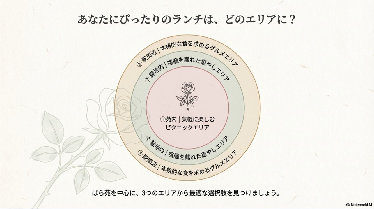 苑内ピクニック、緑地内癒やしエリア、駅周辺グルメエリアの3つの選択肢