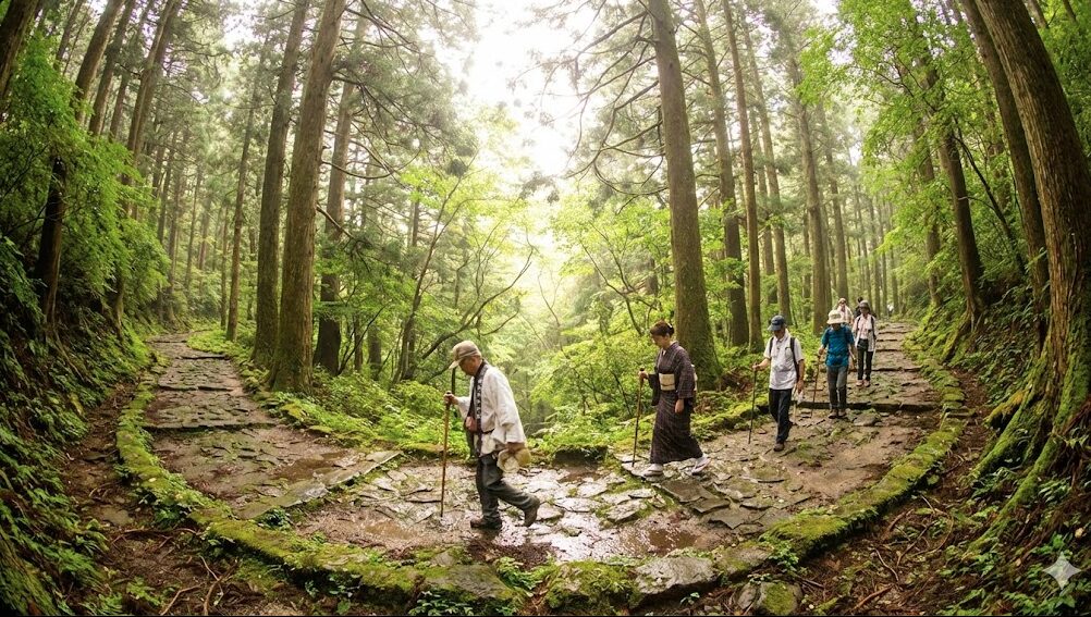 苔が生えて滑りやすく、羊の腸のように曲がりくねった箱根旧街道の険しい小径。
