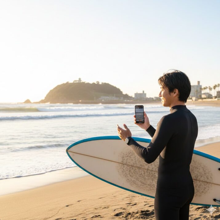 茅ヶ崎のビーチでサーフボードを持つ日本人男性サーファー。ライブカメラで波情報を確認し、海を眺めている様子。