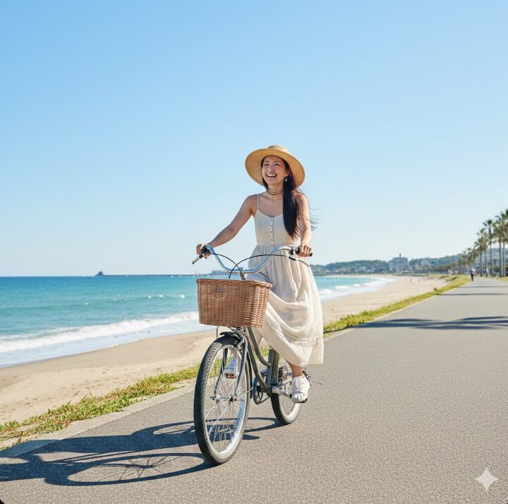 茅ヶ崎の平坦な海岸線をビーチクルーザーに乗って快適にサイクリングする日本人人女性。