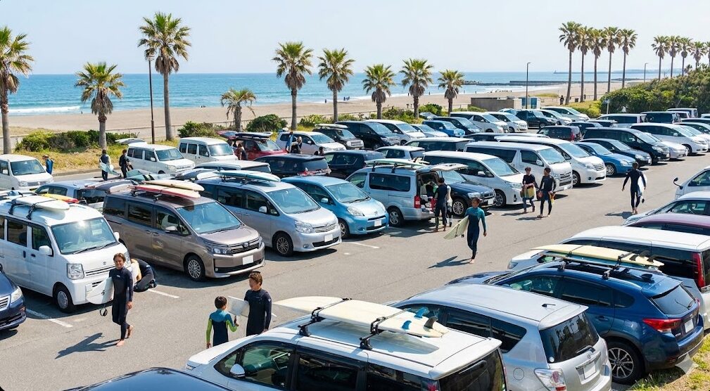 茅ヶ崎の東海岸南自動車駐車場など、サーフボードを積んだ車で賑わう海沿いの駐車場。