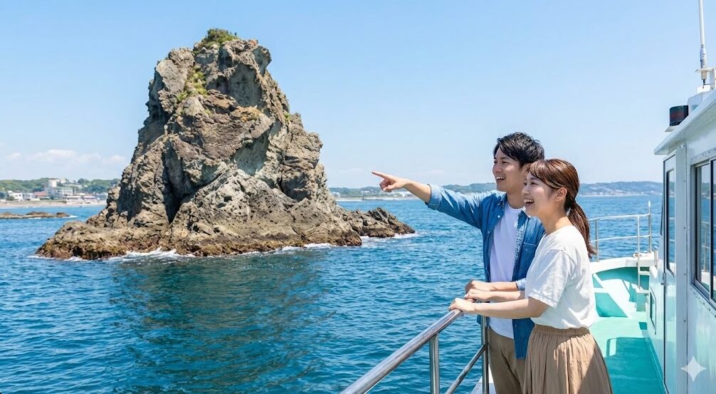 茅ヶ崎沖でえぼし岩周遊船に乗り、海から迫力ある岩の姿を眺める日本人カップル。