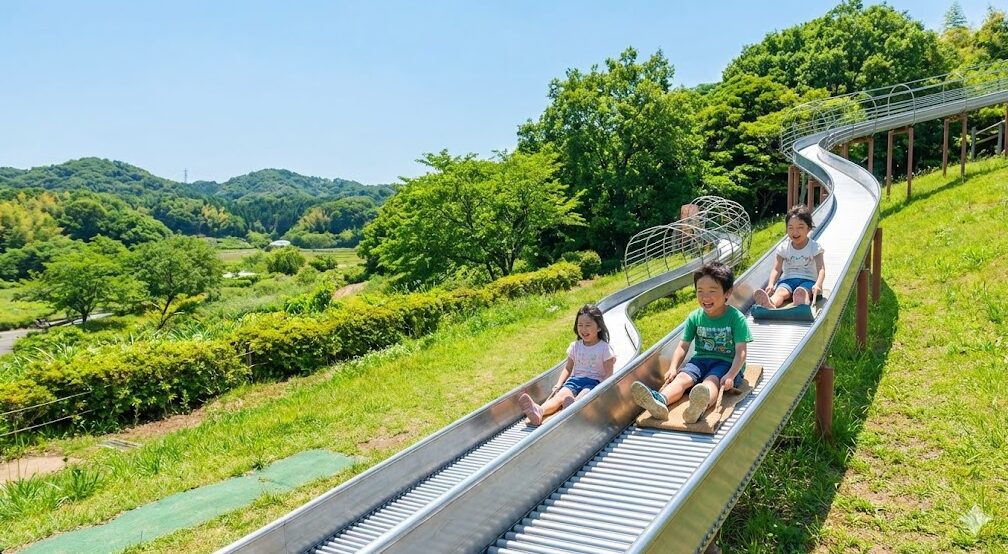 茅ヶ崎里山公園にある、里山の自然に囲まれた全長70mの長いローラー滑り台（風の滑り台）。