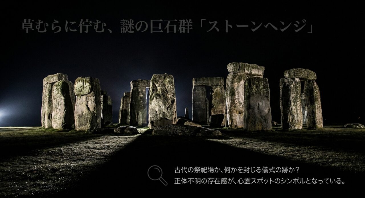 草むらに佇む正体不明の巨大な石のオブジェ。心霊スポットのシンボルとされる様子