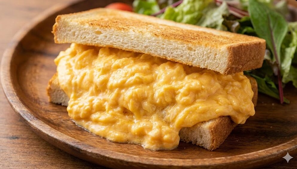 葉山の「サンダウナー東京オムレツ」で提供される、ふわふわの卵が溢れるボリューム満点のオムレツサンド。