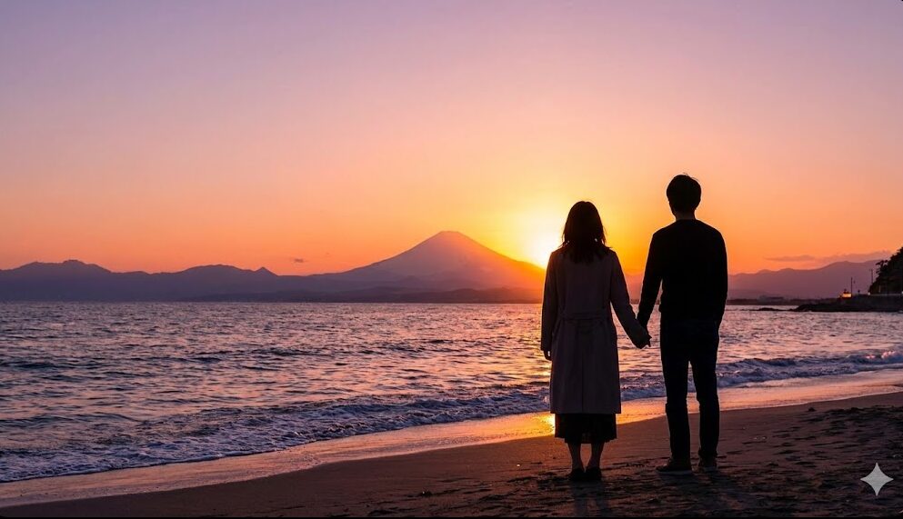 葉山の森戸海岸で、夕日が沈む富士山のシルエットを背景に、手をつないで海を見つめるカップルの後ろ姿。