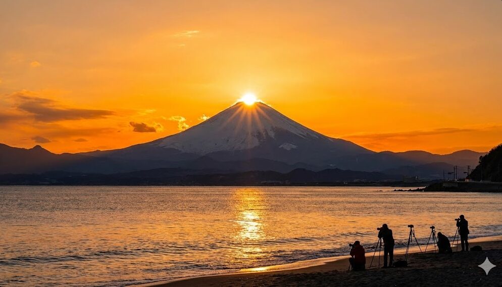 葉山の海岸から撮影された、富士山頂に太陽が重なりダイヤモンドのように輝く「ダイヤモンド富士」の瞬間。