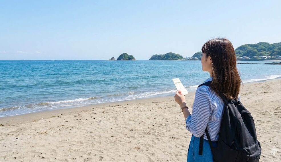 葉山の海岸で「葉山女子旅きっぷ」を片手に海を眺める女性の後ろ姿。