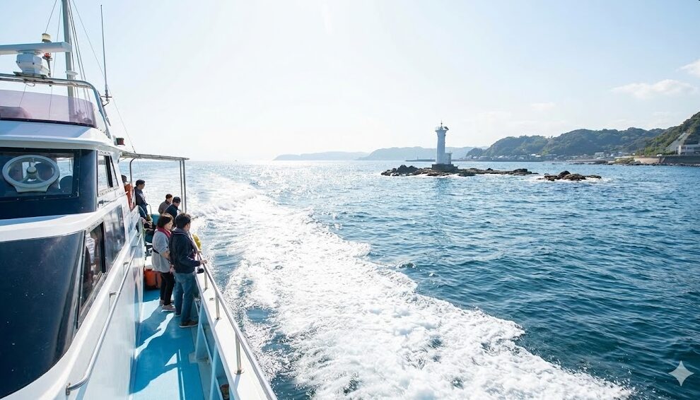 葉山マリーナから出発したクルーズ船のデッキから、海風を感じながら裕次郎灯台を眺める乗客たちの様子。